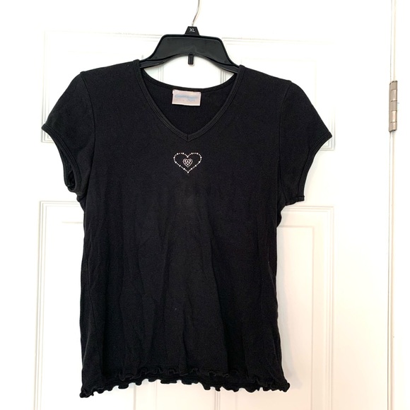 Vintage Y2K Black Tee Top T-shirt Embelished Heart - Picture 3 of 11